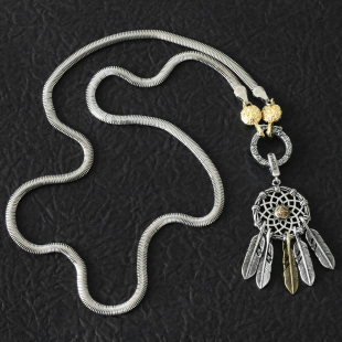 复古925纯银羽毛捕梦网吊坠蛇骨项链女轻奢高级感小众毛衣链55cm