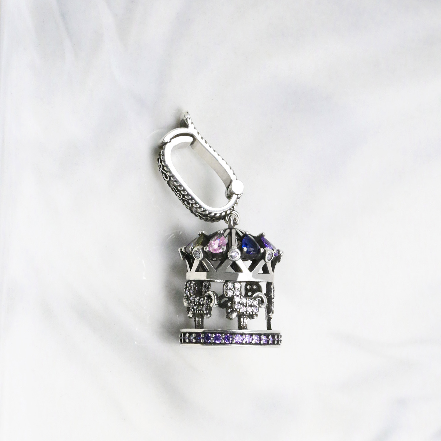 925纯银彩锆旋转木马万能扣吊坠