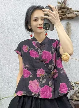 2026夏季纯棉中老年妈妈装短袖衬衫休闲民族风女T恤无袖马甲