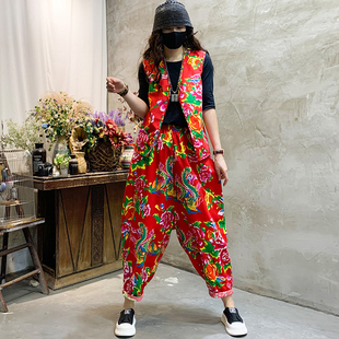 东北大花团体演出服民族风马甲吊档裤套装广场舞大妈阔腿裤打鼓服