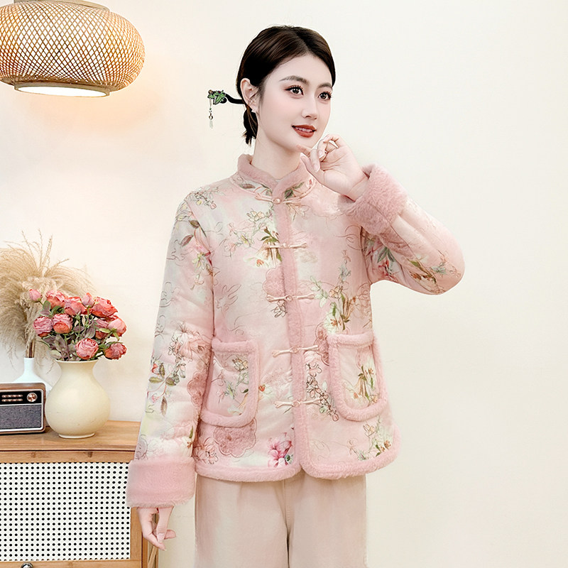 加绒小棉袄女棉衣冬装名族风盘扣棉衣/棉服