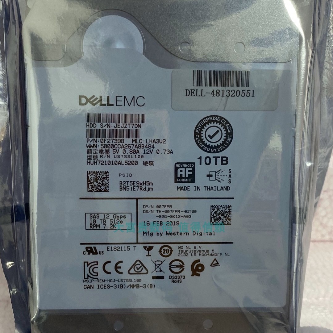 全新 DELL 007FPR 10T SAS 7.2K 3.5 HUH721010AL5200 07FPR 硬盘