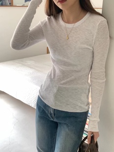 现货TALK 圆领长袖 螺纹木耳边打底衫 T恤 TALK韩国女2025年春秋季