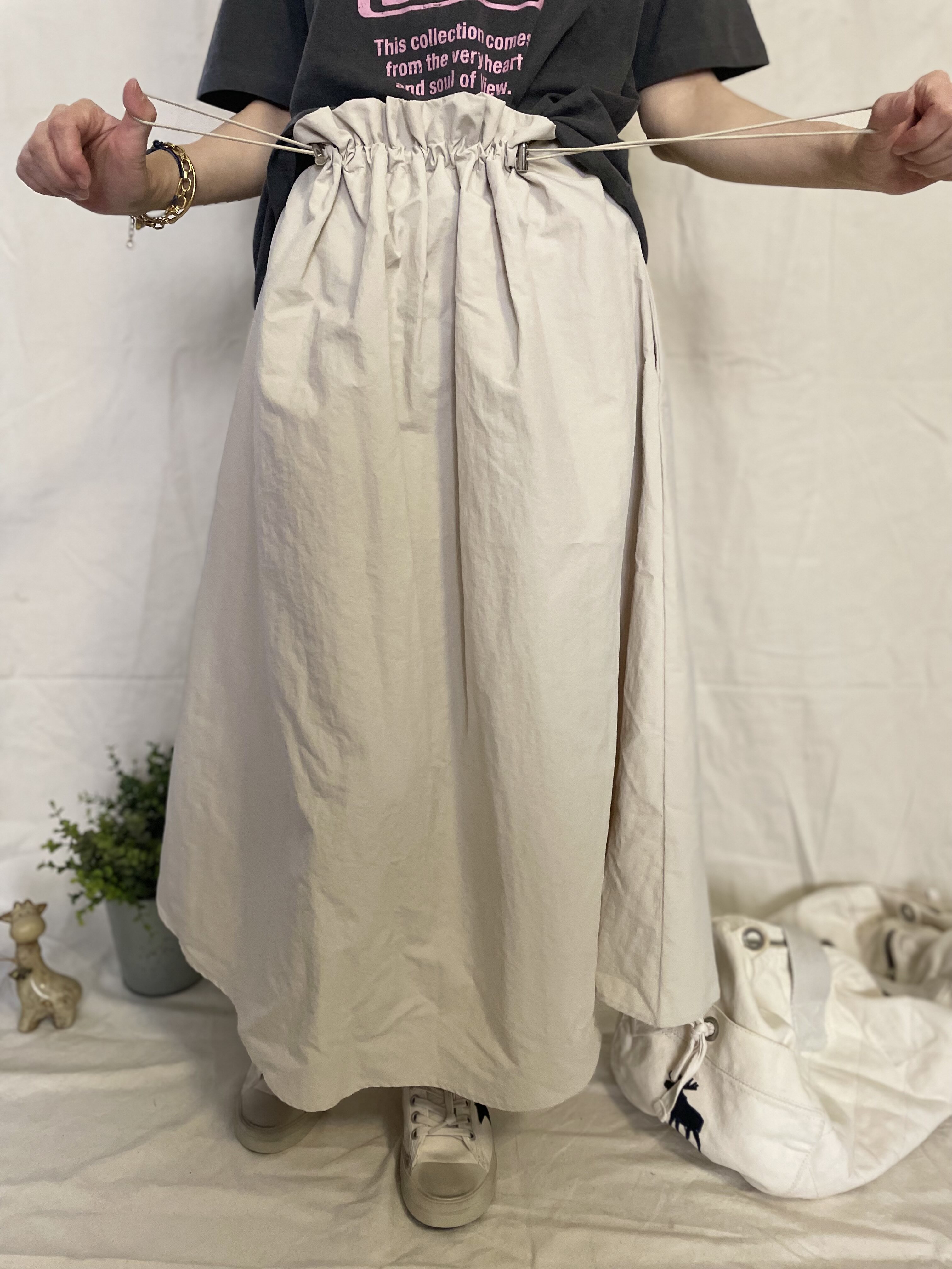 现货韩国东大门女装春夏季新款抽绳口袋褶皱中长款简约女半身裙