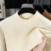 2025冬季 男半高圆领加厚仿羊绒重磅半高领纯色绞花针织衫 宽松休闲