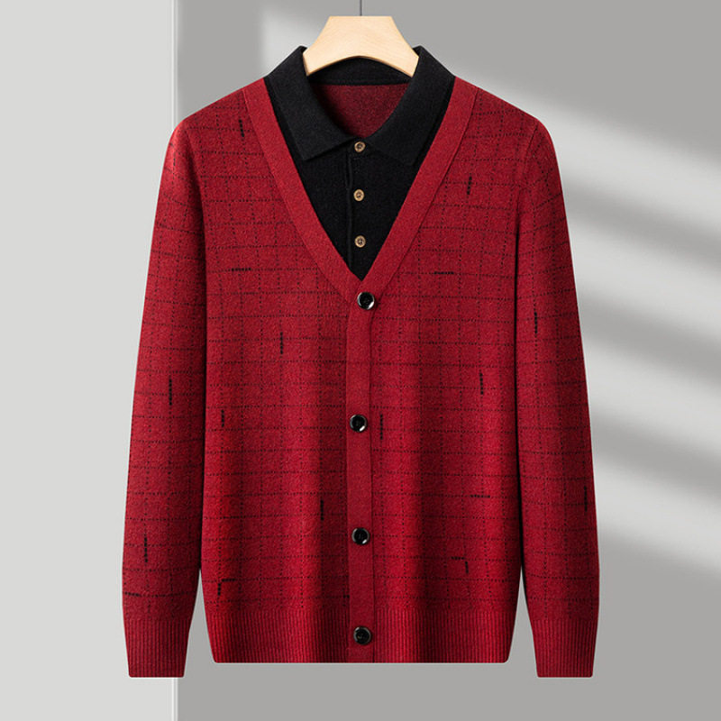 2025高端秋冬新款假两件男士针织打底衫上衣中年加厚保暖红色毛衣