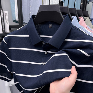 款 polo衫 2025夏季 条纹短袖 英伦男宽松短袖 撞色翻领t恤上衣爸爸装