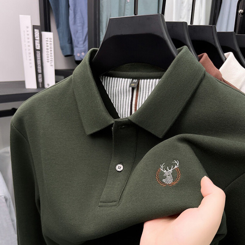 2024秋高品质320克加厚双面珠地棉长袖T恤polo衫纯色男装梭织T恤