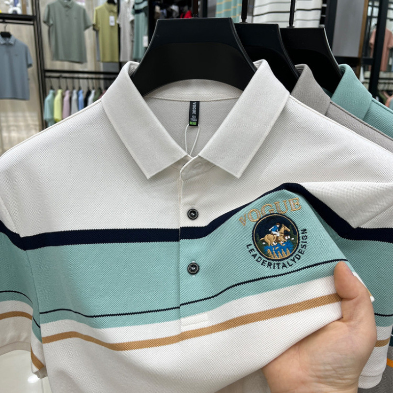 夏季大白鲨男装官方旗舰店忘不了同款短袖POLO衫翻领条纹色织条棉