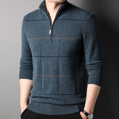 2022冬季中年男士半高领拉链毛衣加厚保暖爸爸装纯色羊毛针织衫