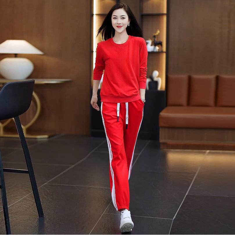 纯棉潮牌2025春秋新款休闲卫衣运动服跑步套装女时尚加厚两件套冬