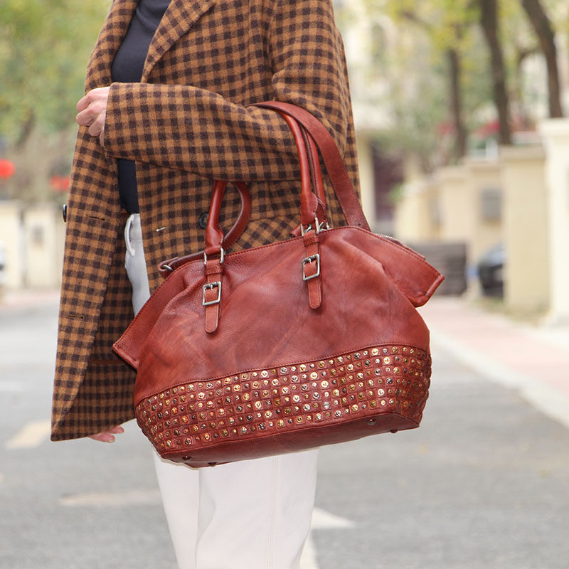 复古牛皮女包手提斜挎包欧美休闲文艺斜跨包百搭单肩高级感旅行包