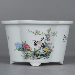 复古怀旧风粉彩松鹤迎春花鸟纹异形中号陶瓷花盆菖蒲多肉文竹瓷盆