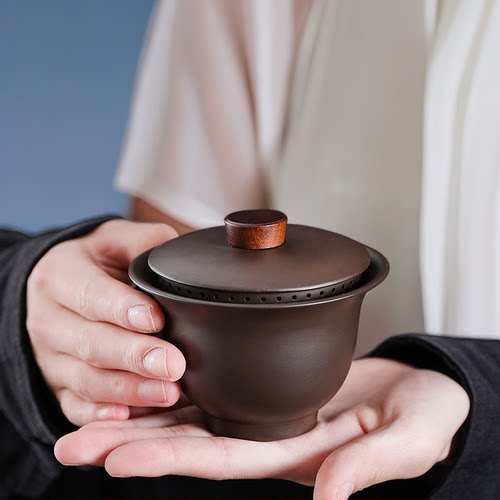 复古手抓盖碗原矿紫砂朱泥茶壶全孔自带过滤免茶漏盖碗防烫大容量
