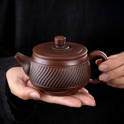 云南原矿紫陶手工跳刀纹汉瓦壶凤鸣壶大容量功夫茶具紫砂大号茶壶