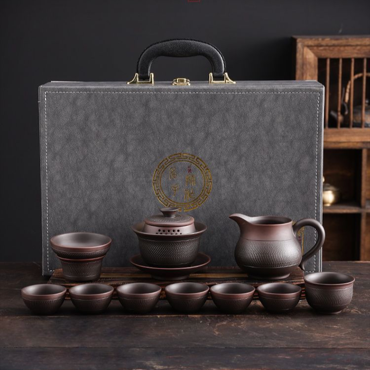 云南紫陶手工三才盖碗功夫茶具套装家用复古跳刀泡茶碗高档礼盒装