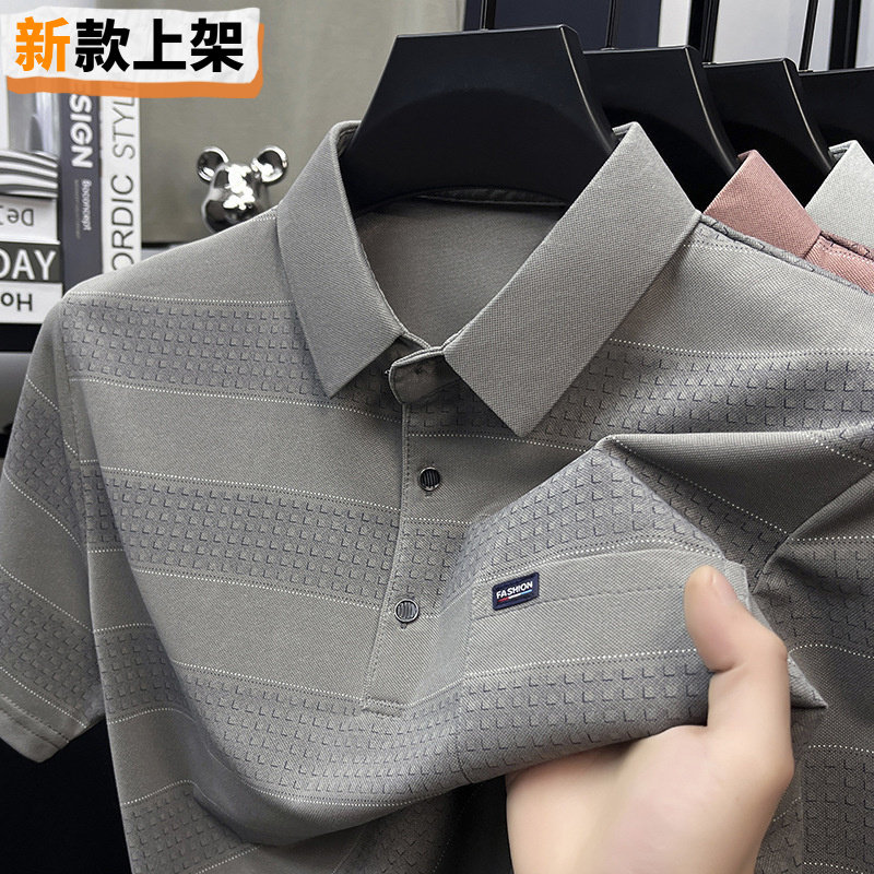利郎父亲装夏季短袖T恤翻领条纹