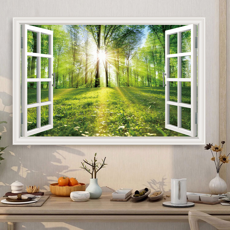 3d立体墙贴纸壁画自粘风景画客厅卧室背景墙面遮丑装饰假窗户挂画图片