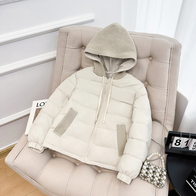 韩系高级感针织拼接连帽棉服女冬季新款宽松显瘦加厚保暖棉衣外套