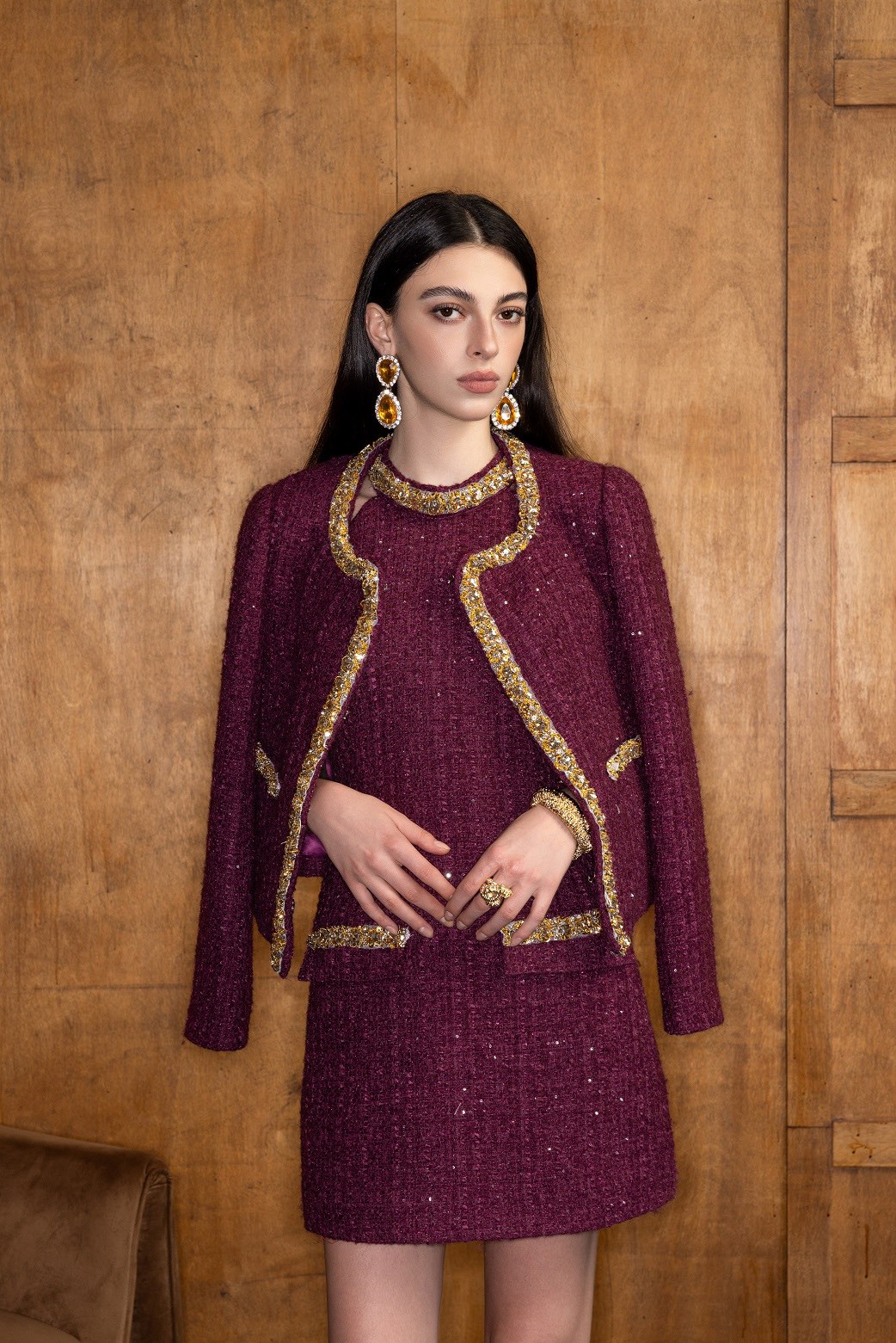 Aimme sparrow24秋冬小香风粗花呢金饰外套时尚优雅百搭上衣新款