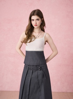 DIANA VEVINA25秋冬针织蕾丝拼接灰色吊带时尚潮流百搭女上衣修身