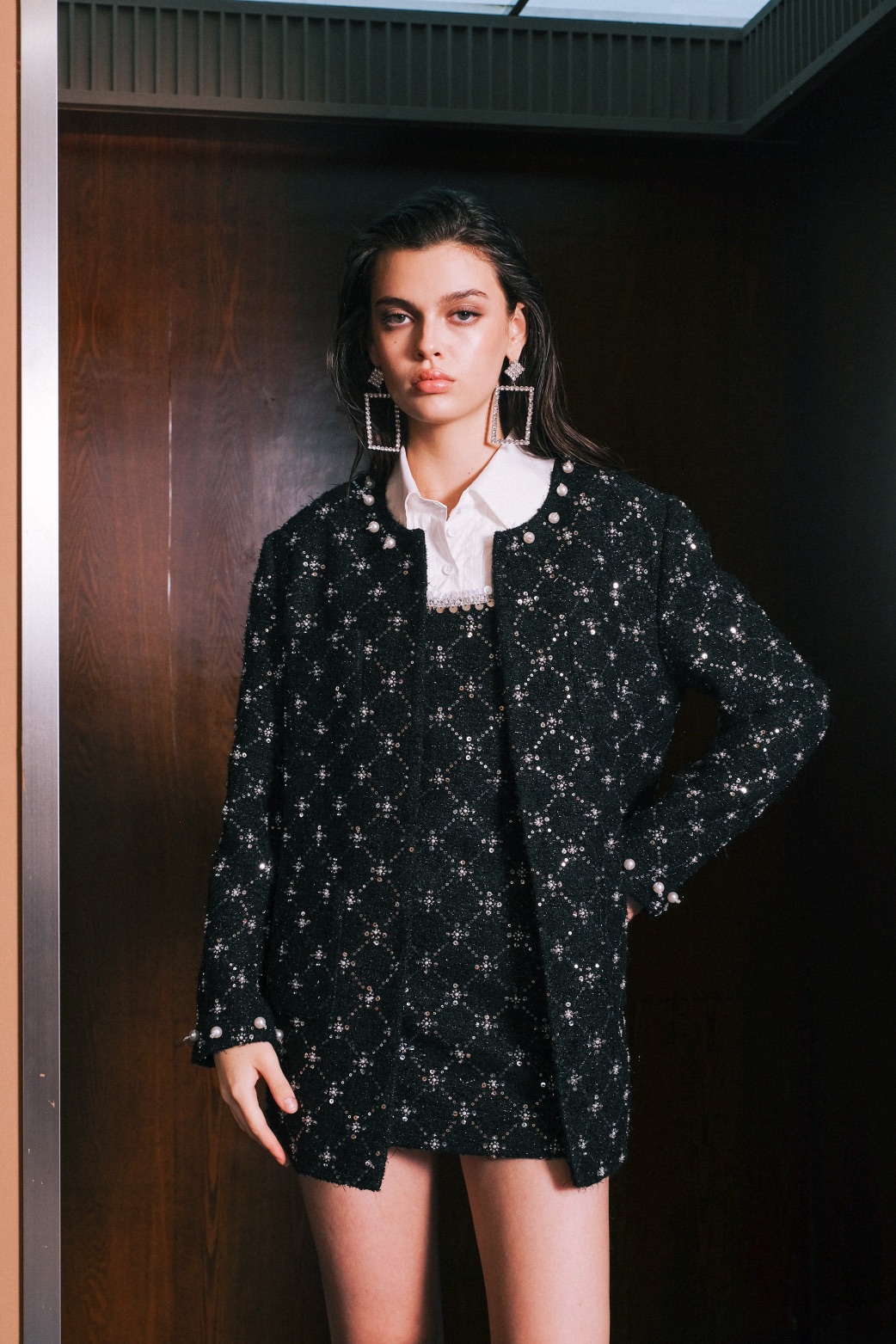 SNH48孙语姗同款Aimme sparrow25春夏珍珠拼接衬衫连衣裙珍珠外套