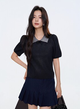 Aimme sparrow25秋冬立体蝴蝶结短袖藏蓝色百褶裙时尚百搭