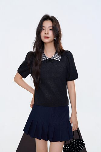 Aimme sparrow25秋冬立体蝴蝶结短袖藏蓝色百褶裙时尚百搭