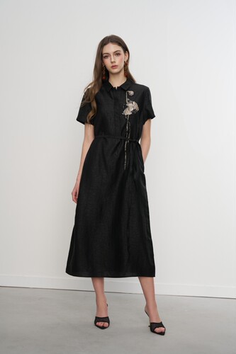 Aimme sparrow 25春夏新中式重工刺绣香云纱连衣裙时尚优雅气质女