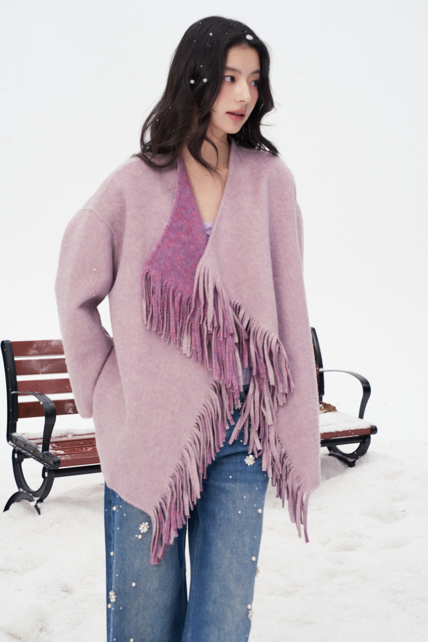 Aimme sparrow 26春夏流苏大衣时尚潮流百搭女上衣宽松慵懒毛呢