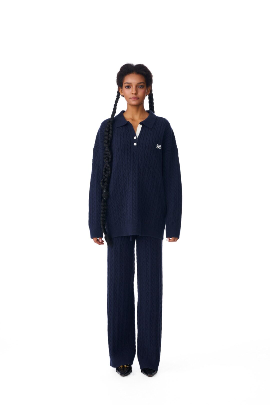 Andrea Martin25秋冬新品藏青色麻花针织套头衫藏青色麻花针织裤