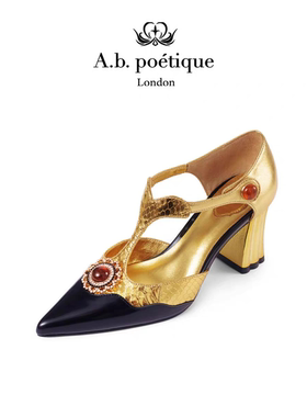 A.b.Poétique时装鞋福音书高跟鞋宝石扣带方跟复古优雅时尚单鞋