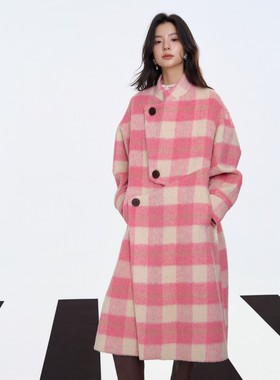 Aimme sparrow 25秋冬治愈粉格大衣时尚温柔毛呢外套