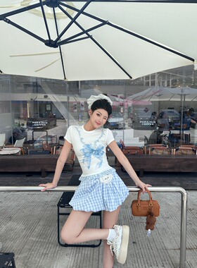 Andrea Martin26春夏新品蓝色小狗短裙时尚百搭潮流公主裙格纹女