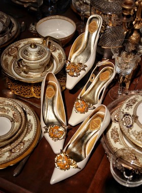 A.b.poétique艺术手工鞋履花神单鞋高跟鞋细跟女鞋尖头真皮鞋女