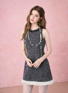 DIANA VEVINA 25秋冬灰色小香钉珠连衣裙无袖圆领背心裙羊毛混纺