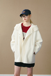 GUO 百搭休闲宽松外套 JINGYI25秋冬灰色连帽双面呢羊驼毛大衣时尚