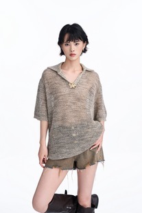 潮流百搭女上衣宽松慵懒 DIANA VEVINA 25秋冬镂空翻领针织衫 时尚
