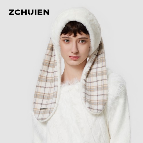 复古格纹毛绒兔耳朵帽