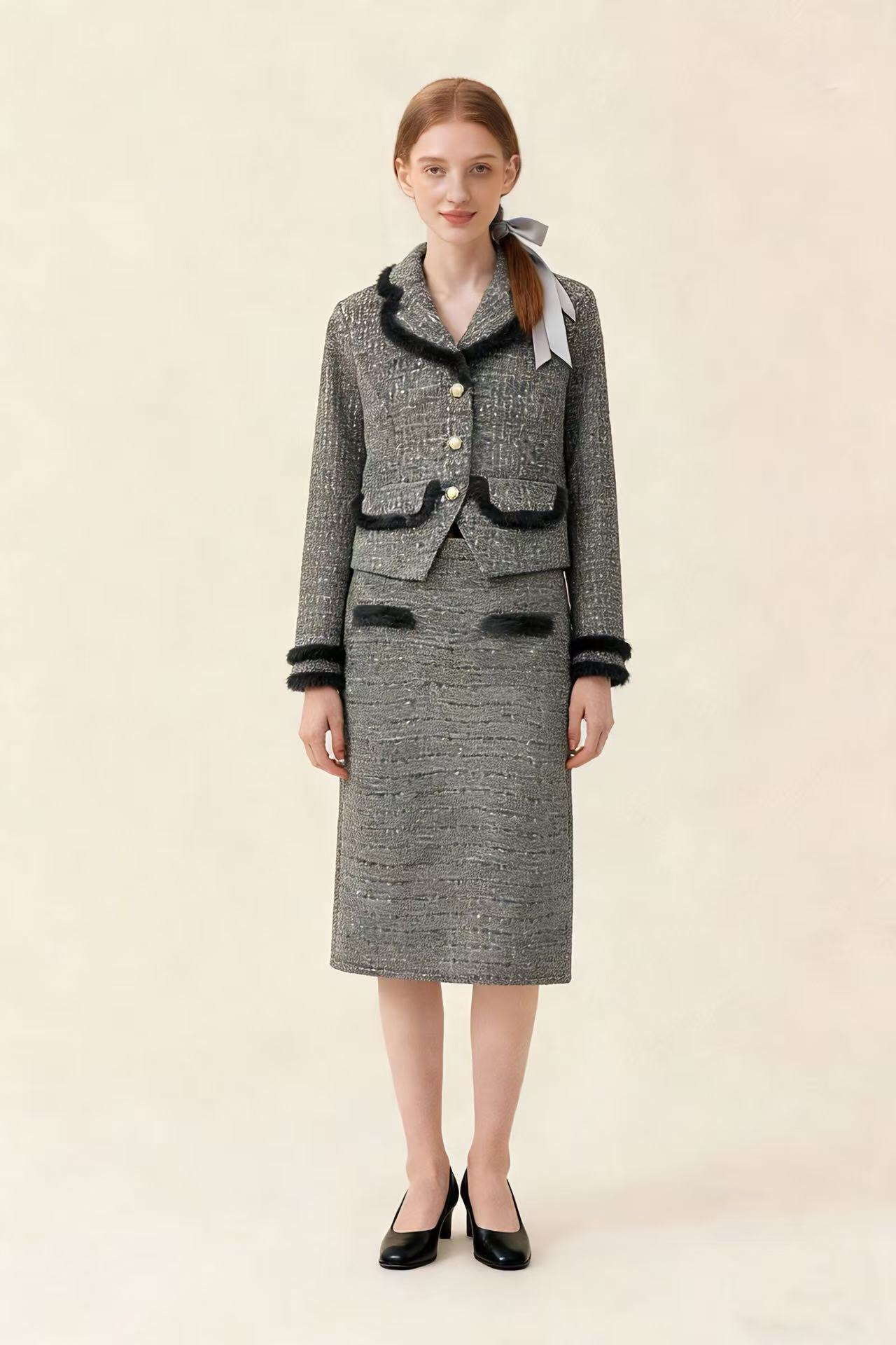XANDRA 26春夏烟灰色粗花呢外套高腰半身裙小香风套装时尚百搭,女装/女士精品,毛呢外套,淘宝优惠券,粉丝福利购,淘宝优惠卷