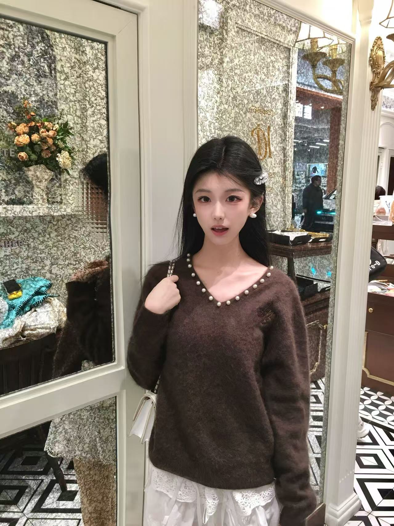 Aimme sparrow 26春夏美拉德系V领珍珠毛衣时尚潮流百搭女上衣