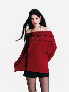 DIANA 百搭休闲针织毛衣女宽松型 VEVINA26春夏连帽一字肩毛衣时尚