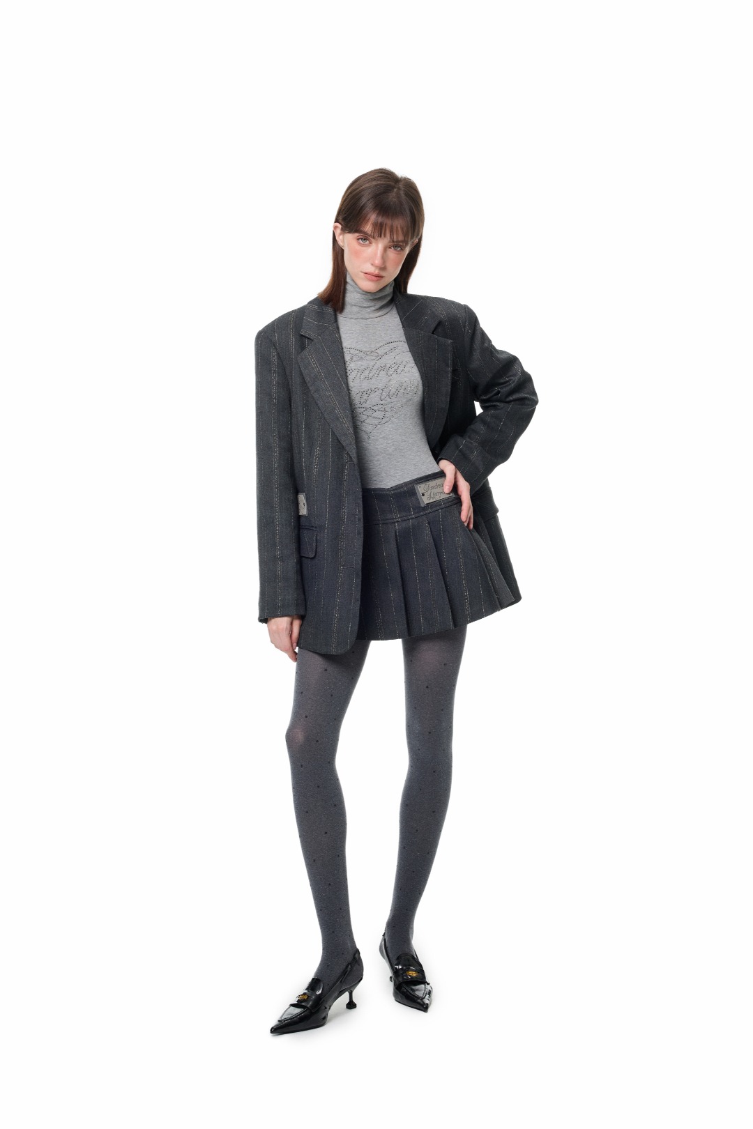 条纹西装外套百褶裙两件套