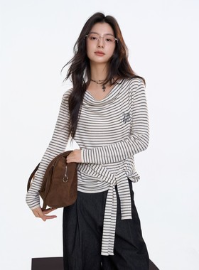 Aimme sparrow 25秋冬反对称时髦秩序条纹精织纽结系带上衣T恤女