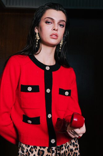 Aimme sparrow 25春夏红色白色100%羊绒开衫时尚优雅气质毛衫女