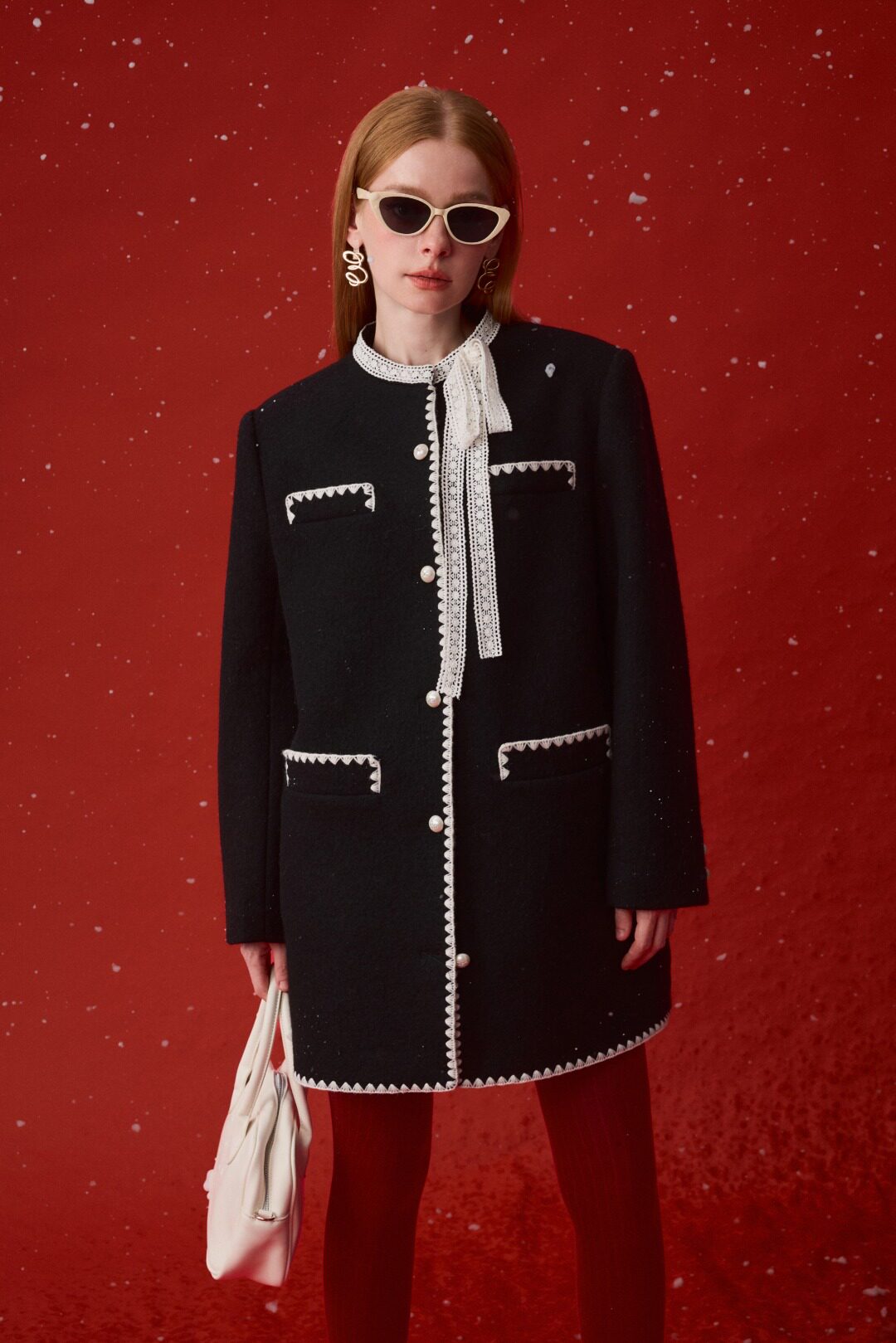 EIMISMOSOL26春夏中长款撞色花边毛呢外套时尚潮流百搭女上衣宽松