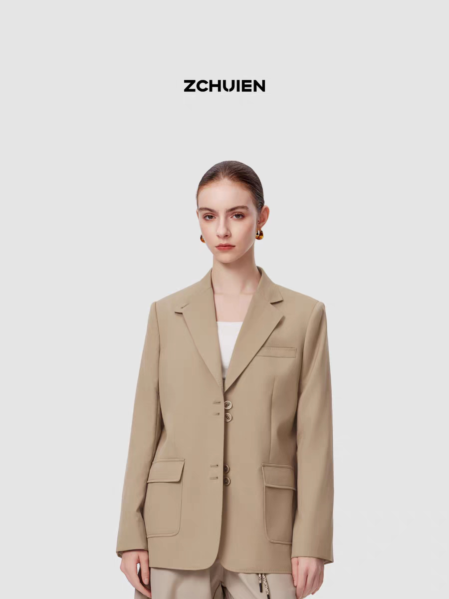 ZCHUIEN 长袖西装外套休闲百搭V领卡其色气质女装正装西服翻领