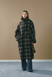 GUO JINGYI25秋冬美拉德格纹单排牛角扣大衣英伦风双面穿羊毛大衣