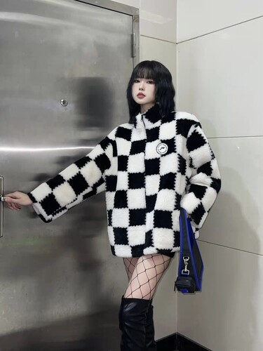 Aimme sparrow棋盘格闪电Logo羊羔毛外套
