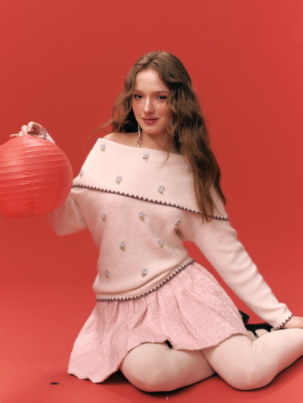 Aimme sparrow25春夏粉色一字肩小花朵针织毛衣设计感上衣女毛衫